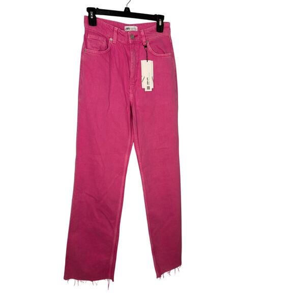 Zara Denim - Zara Wide Leg Raw Hem Pink Jeans Denim Women's Size 6 Spring Pants High Rise NWT